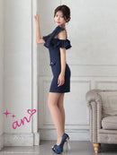 an/AOC-3639/ワンピース/キャバドレス/ミニドレス/ワンカラー/ショルダーリボン/フロントジップ/ショルダーチェーン/オフショルダー/ミント/XS/小さいサイズあり