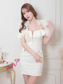 an/AOC-3639/ワンピース/キャバドレス/ミニドレス/ワンカラー/ショルダーリボン/フロントジップ/ショルダーチェーン/オフショルダー/ミント/XS/小さいサイズあり