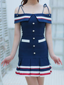 an/AOC-3641/ワンピース/キャバドレス/ミニドレス/オフショル/ショルダーリボン/トリコロール/フレア/Aライン/ネイビー