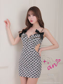 an/AOC-3649/ワンピース/キャバドレス/ミニドレス/チェック柄/フロントジップ/リボン/ショルダーチェーン/タイト/ピンク