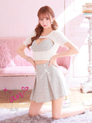 an/AOC-3651/セットアップ/キャバドレス/ミニドレス/ツイード/袖あり/半袖/パフスリーブ/プリーツスカート/Aライン/