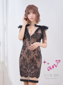 an/AOC-3655/ミニドレス/キャバドレス/ワンピース/ショルダーリボン/総レース/タイト/Vネック/ノースリーブ/フロントジップ