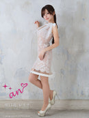 an/AOC-3655/ミニドレス/キャバドレス/ワンピース/ショルダーリボン/総レース/タイト/Vネック/ノースリーブ/フロントジップ