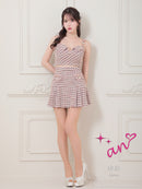 an/AOC-3659/セットアップ/キャバドレス/ツイード/ミニドレス/チェック/タイト/フロントジップ/ノースリーブ/プリーツ