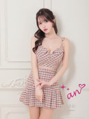 an/AOC-3659/セットアップ/キャバドレス/ツイード/ミニドレス/チェック/タイト/フロントジップ/ノースリーブ/プリーツ