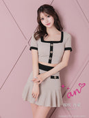 an/AOC-3679/セットアップ/キャバドレス/バイカラー/プリーツスカート/半袖/袖あり/二の腕カバー