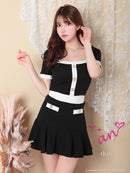 an/AOC-3679/セットアップ/キャバドレス/バイカラー/プリーツスカート/半袖/袖あり/二の腕カバー