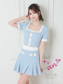 an/AOC-3679/セットアップ/キャバドレス/バイカラー/プリーツスカート/半袖/袖あり/二の腕カバー