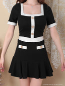 an/AOC-3679/セットアップ/キャバドレス/バイカラー/プリーツスカート/半袖/袖あり/二の腕カバー