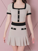 an/AOC-3679/セットアップ/キャバドレス/バイカラー/プリーツスカート/半袖/袖あり/二の腕カバー