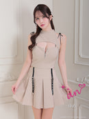 an/AOC-3685/セットアップ/キャバドレス/ミニドレス/カットアウト/ショルダーリボン/ワンカラー/フロントジップ/プリーツ/白/ホワイト/モスグリーン/一条響さん着用