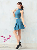 an/AOC-3685/セットアップ/キャバドレス/ミニドレス/カットアウト/ショルダーリボン/ワンカラー/フロントジップ/プリーツ/白/ホワイト/モスグリーン/一条響さん着用