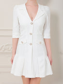 an/AOC-3689/ミニドレス/キャバドレス/ジャケット風デザイン/襟付き/パールボタン/袖あり/プリーツスカート/ワンカラー