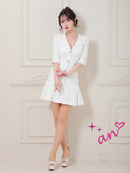 an/AOC-3689/ミニドレス/キャバドレス/ジャケット風デザイン/襟付き/パールボタン/袖あり/プリーツスカート/ワンカラー