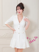 an/AOC-3689/ミニドレス/キャバドレス/ジャケット風デザイン/襟付き/パールボタン/袖あり/プリーツスカート/ワンカラー