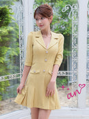 an/AOC-3689/ミニドレス/キャバドレス/ジャケット風デザイン/襟付き/パールボタン/袖あり/プリーツスカート/ワンカラー