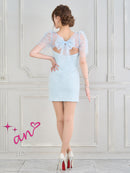 an/AOC-3693/ワンピース/キャバドレス/ミニドレス/ツイード/レース/バックリボン/カットアウト/フロントジップ/半袖/袖あり