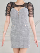 an/AOC-3693/ワンピース/キャバドレス/ミニドレス/ツイード/レース/バックリボン/カットアウト/フロントジップ/半袖/袖あり