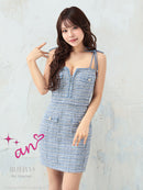 an/AOC-3695/ワンピース/キャバドレス/ミニドレス/ツイード/ショルダーリボン/フロントジップ/ノースリーブ/タイト/ブルー/ピンク