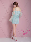 an/AOC-3696/キャバドレス/ミニドレス/ラインストーン/Vネック/リボン/長袖/袖あり/ショルダービジュー/フロントジップ/ラメ生地