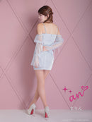 an/AOC-3696/キャバドレス/ミニドレス/ラインストーン/Vネック/リボン/長袖/袖あり/ショルダービジュー/フロントジップ/ラメ生地