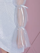 an/AOC-3696/キャバドレス/ミニドレス/ラインストーン/Vネック/リボン/長袖/袖あり/ショルダービジュー/フロントジップ/ラメ生地