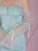 an/AOC-3696/キャバドレス/ミニドレス/ラインストーン/Vネック/リボン/長袖/袖あり/ショルダービジュー/フロントジップ/ラメ生地