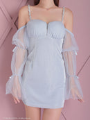 an/AOC-3696/キャバドレス/ミニドレス/ラインストーン/Vネック/リボン/長袖/袖あり/ショルダービジュー/フロントジップ/ラメ生地