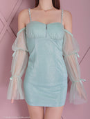 an/AOC-3696/キャバドレス/ミニドレス/ラインストーン/Vネック/リボン/長袖/袖あり/ショルダービジュー/フロントジップ/ラメ生地