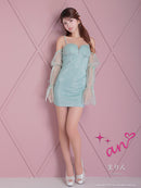 an/AOC-3696/キャバドレス/ミニドレス/ラインストーン/Vネック/リボン/長袖/袖あり/ショルダービジュー/フロントジップ/ラメ生地