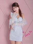 an/AOC-3696/キャバドレス/ミニドレス/ラインストーン/Vネック/リボン/長袖/袖あり/ショルダービジュー/フロントジップ/ラメ生地