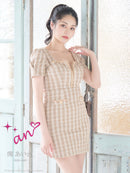 an/AOC-3701/ミニドレス/キャバドレス/袖あり/半袖/ツイード/スクエアネック/フロントジップ/デザインポケット