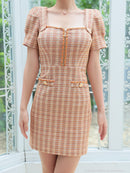 an/AOC-3701/ミニドレス/キャバドレス/袖あり/半袖/ツイード/スクエアネック/フロントジップ/デザインポケット