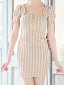 an/AOC-3701/ミニドレス/キャバドレス/袖あり/半袖/ツイード/スクエアネック/フロントジップ/デザインポケット