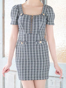 an/AOC-3701/ミニドレス/キャバドレス/袖あり/半袖/ツイード/スクエアネック/フロントジップ/デザインポケット