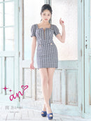 an/AOC-3701/ミニドレス/キャバドレス/袖あり/半袖/ツイード/スクエアネック/フロントジップ/デザインポケット