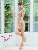 an/AOC-3701/ミニドレス/キャバドレス/袖あり/半袖/ツイード/スクエアネック/フロントジップ/デザインポケット