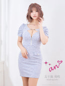 an/AOC-3705/ワンピース/キャバドレス/ミニドレス/ツイード/フロントジップ/バストバックル/袖あり/パフスリーブ/タイト/ブルー