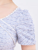 an/AOC-3705/ワンピース/キャバドレス/ミニドレス/ツイード/フロントジップ/バストバックル/袖あり/パフスリーブ/タイト/ブルー