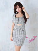 an/AOC-3707/ミニドレス/キャバドレス/ワンピース/ツイード/カットアウト/パールボタン/半袖/袖あり/タイト