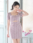 an/AOC-3707/ミニドレス/キャバドレス/ワンピース/ツイード/カットアウト/パールボタン/半袖/袖あり/タイト