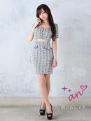 an/AOC-3707/ミニドレス/キャバドレス/ワンピース/ツイード/カットアウト/パールボタン/半袖/袖あり/タイト