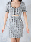 an/AOC-3707/ミニドレス/キャバドレス/ワンピース/ツイード/カットアウト/パールボタン/半袖/袖あり/タイト