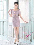 an/AOC-3707/ミニドレス/キャバドレス/ワンピース/ツイード/カットアウト/パールボタン/半袖/袖あり/タイト