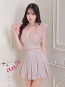 an/AOC-3708/キャバドレス/ミニドレス/セットアップ/ショルダーリボン/Vネック/ラメ生地/タイト/プリーツ/フレア