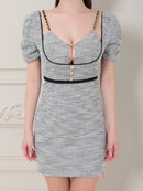 an/AOC-3711/ミニドレス/キャバドレス/ストレッチ/ツイード/パイピング/袖あり/半袖/ショルダーチェーン/ アンサンブル/XS/小さいサイズあり