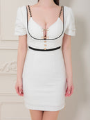 an/AOC-3711/ミニドレス/キャバドレス/ストレッチ/ツイード/パイピング/袖あり/半袖/ショルダーチェーン/ アンサンブル/XS/小さいサイズあり