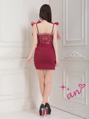 an/AOC-3712/ワンピース/キャバドレス/ミニドレス/ショルダーリボン/チュール/シアー/レース/ランジェリー/タイト/両肩リボン/Vネック