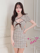 an/AOC-3715/ミニドレス/キャバドレス/フロントジップ/チェック/ツイード/カットアウト/袖あり/半袖