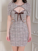 an/AOC-3715/ミニドレス/キャバドレス/フロントジップ/チェック/ツイード/カットアウト/袖あり/半袖